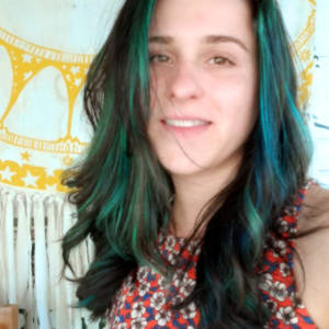 women's cut and color, dark with green streaks 